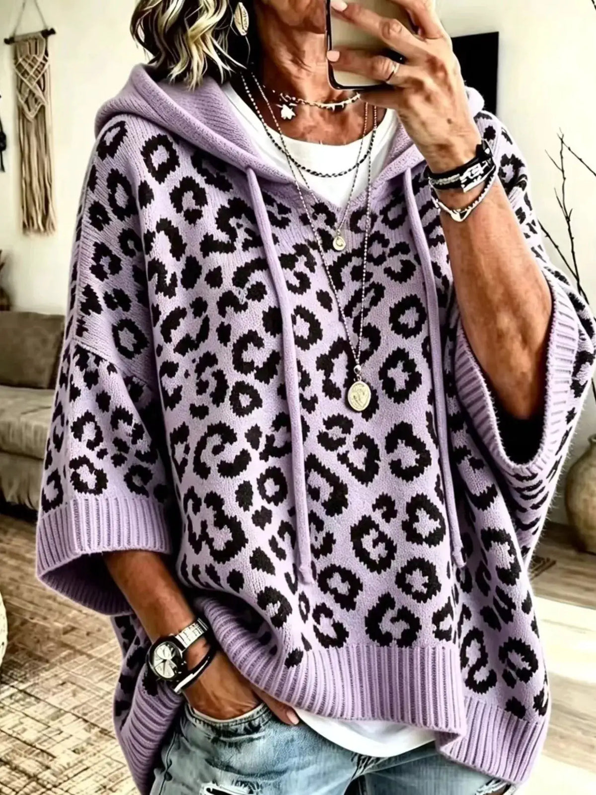 Drawstring leopard hooded sweater in lavender knit by Trendsi