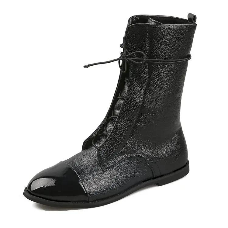 Bottes mi-mollet imperméables à plateforme, noires avec bout verni.