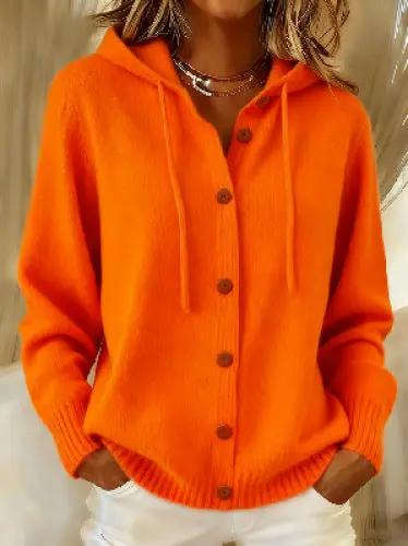 Womens Relaxed-fit Hooded Cardigan, bright orange knit with button-front, ribbed cuffs.