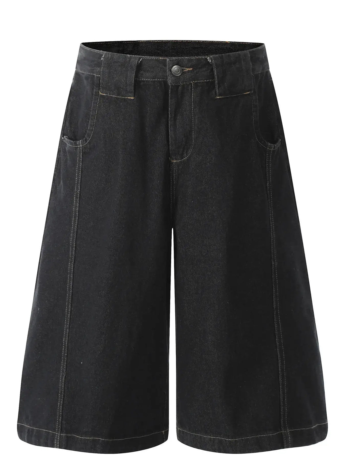 Men's wide-leg denim shorts in dark wash cotton blend, relaxed fit with front pockets