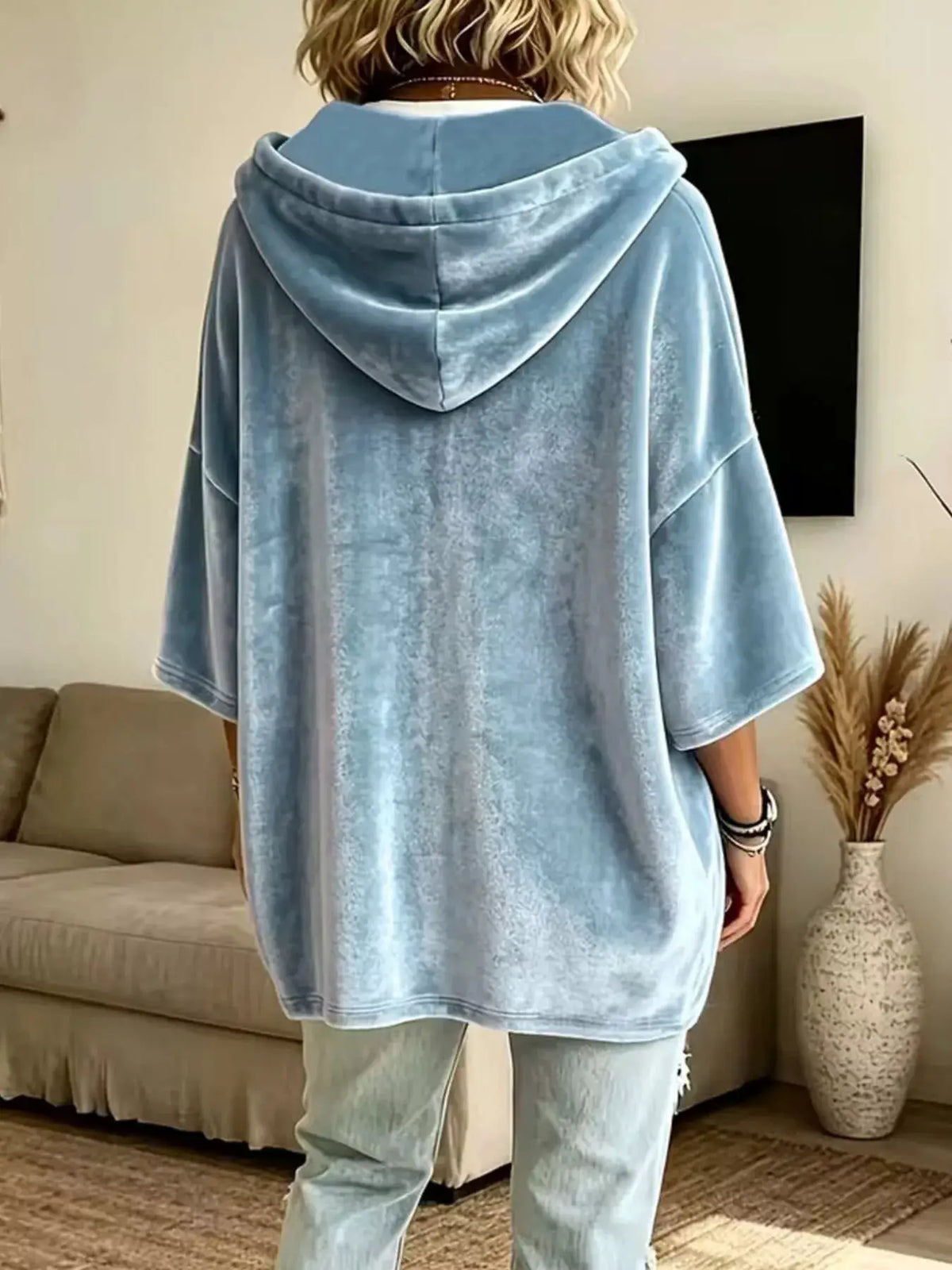Velvet loose-fit hoodie with hood in blue wash, back view