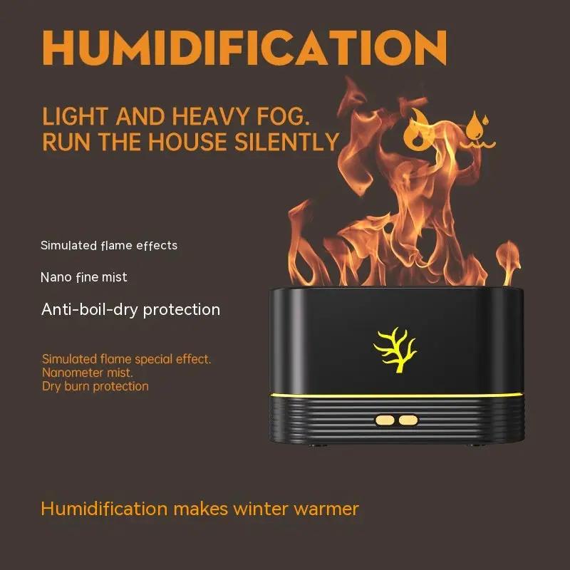 Flame humidifier USB aroma diffuser with simulated fire flames, black plastic body with yellow flame logo, smart timing.