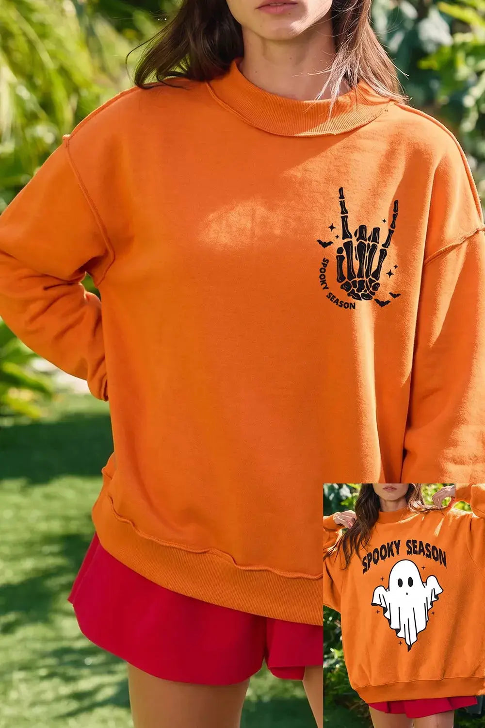 Spooky Season Mock Neck Reversible Halloween Sweatshirt by Trendsi, orange with skeleton hand graphic; reverse ghost.