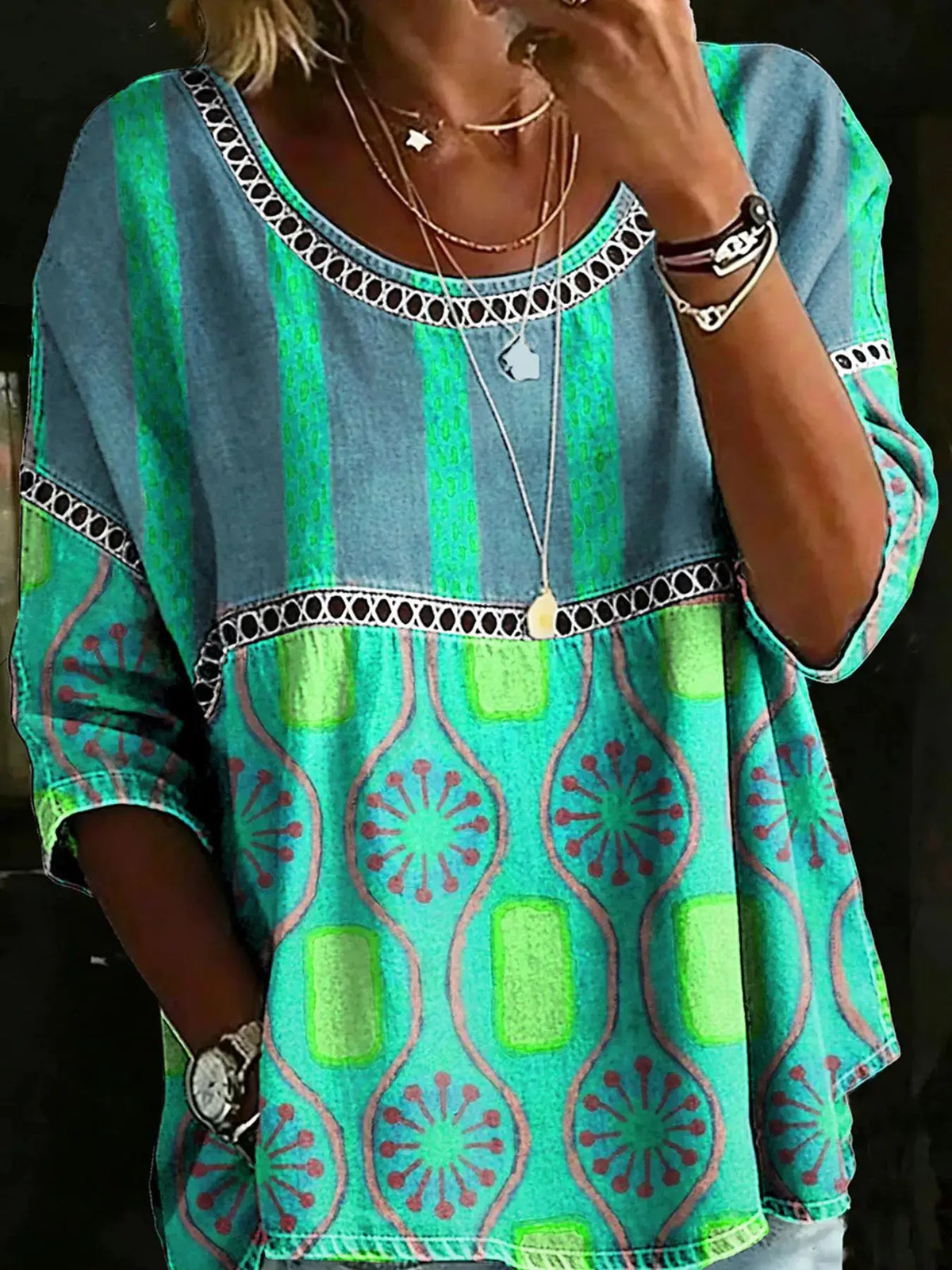 Full Size Hollow Out Round Neck Top Plus Size by Trendsi in turquoise-green boho print