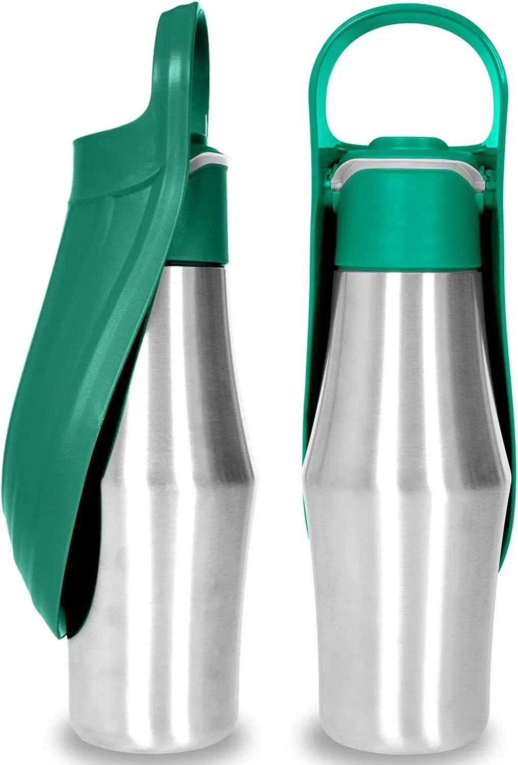 AdTec portable dog water bottle pair with green silicone leaf lid and stainless steel bodies