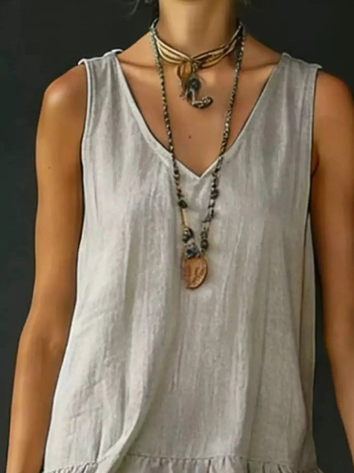 Full Size Ruffled Hem V-Neck Sleeveless Dress Plus Size in light gray, linen-like fabric