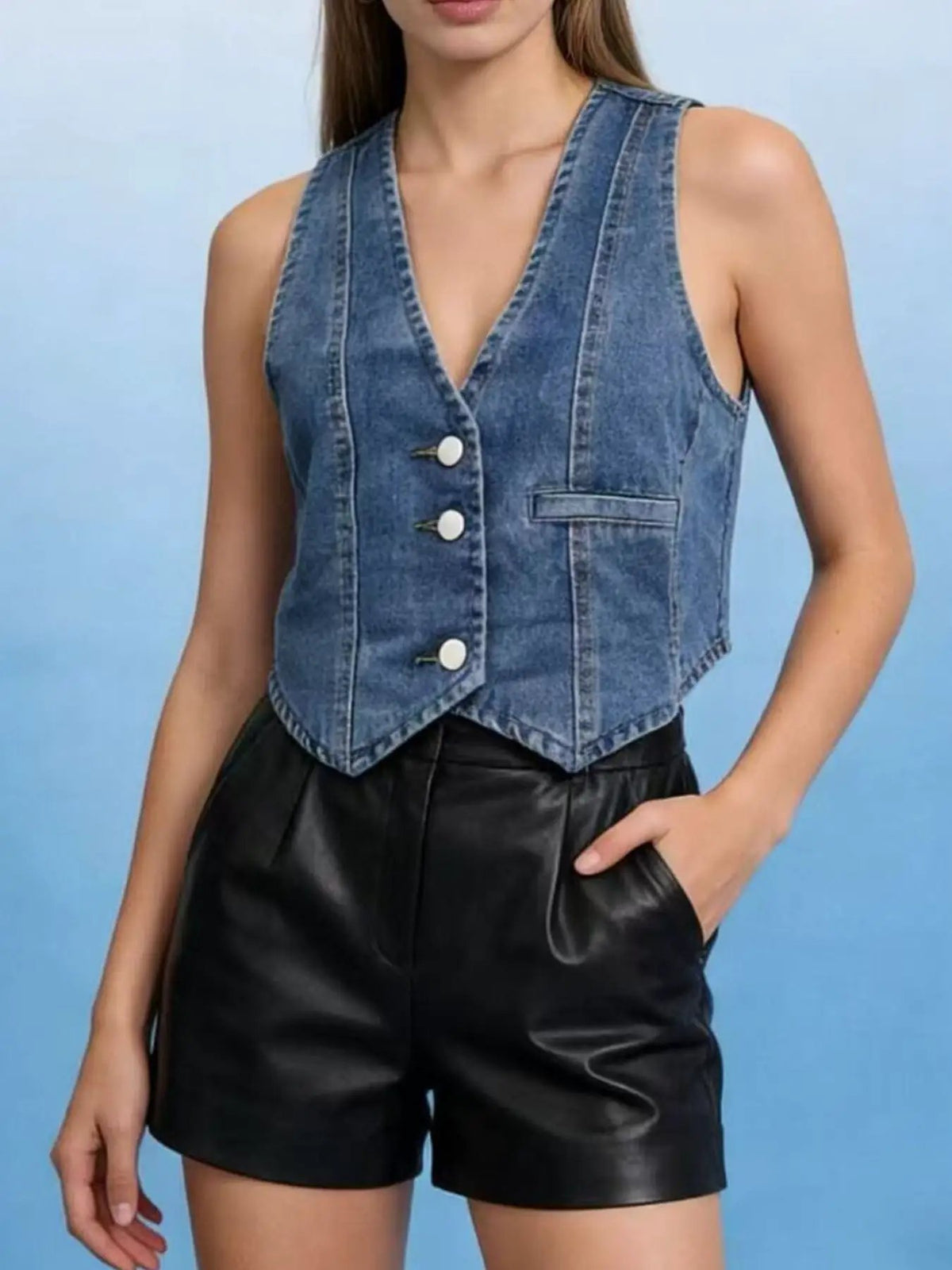 Trendsi unlined blue denim vest, sleeveless with button-down front and white buttons