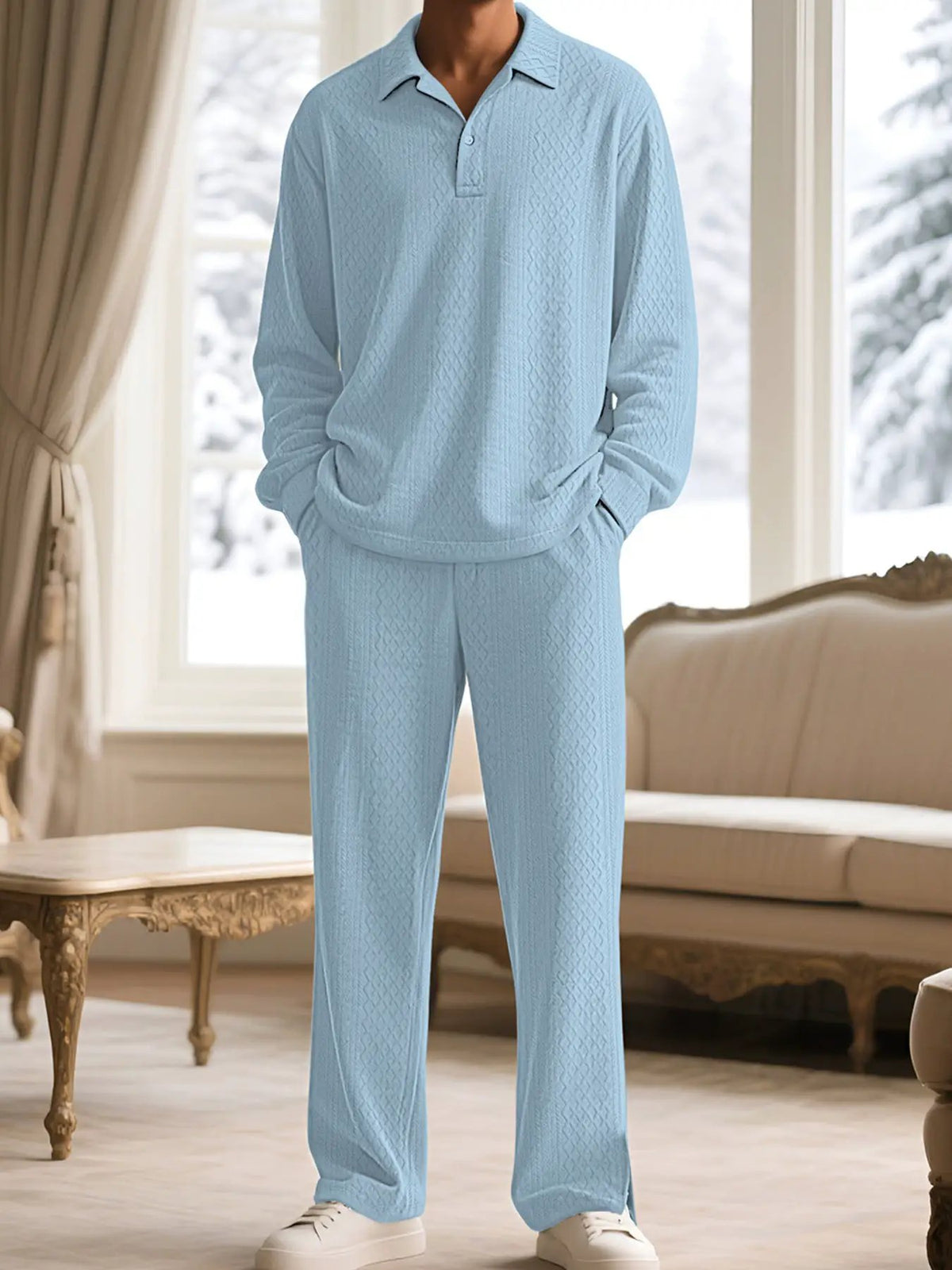 Men's plus-size textured loungewear set in light blue with pockets; long-sleeve top and pants by Trendsi