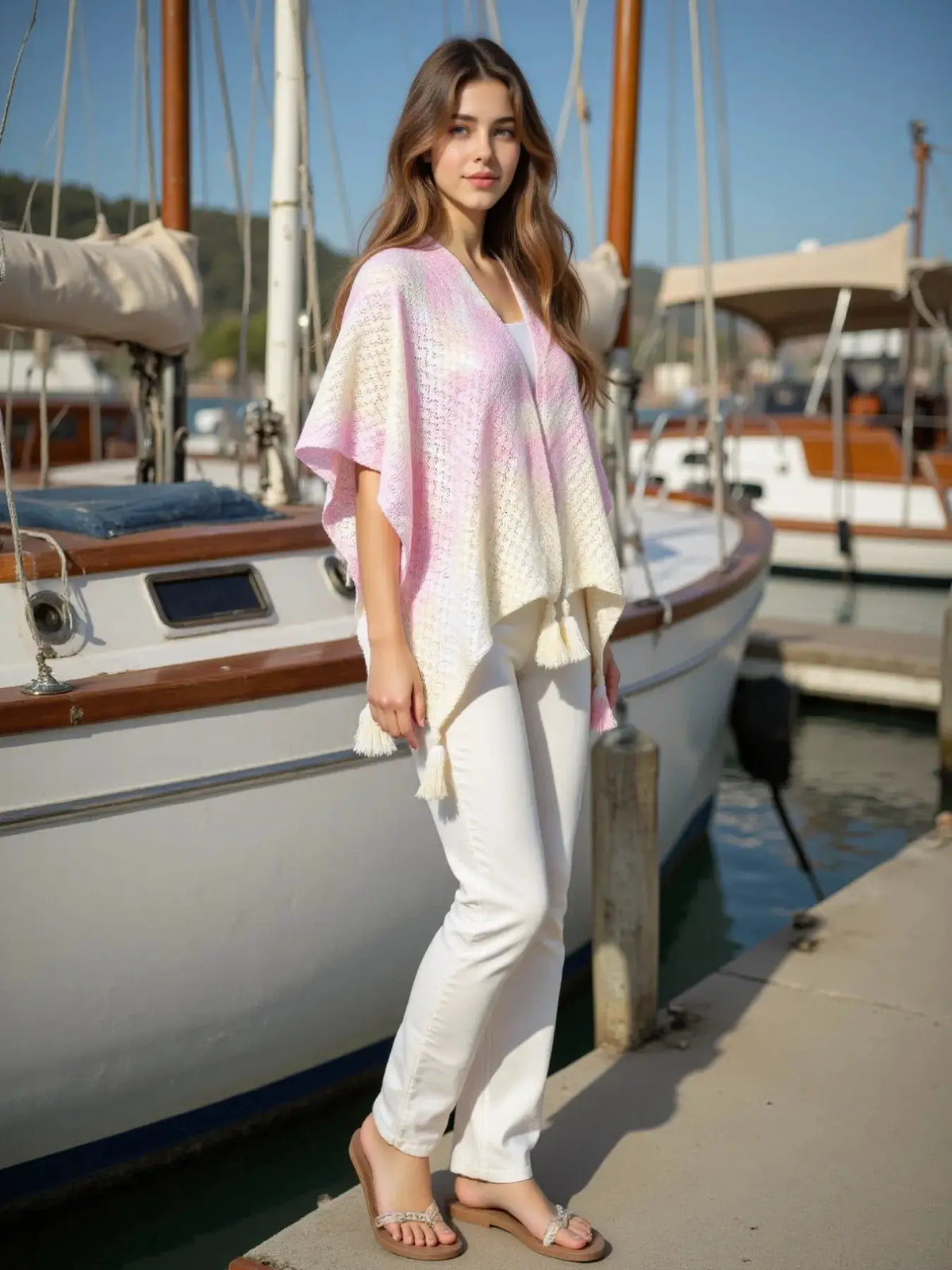 Lightweight gradient openwork knit tassel beach cover up by Trendsi in pink-to-cream hues.