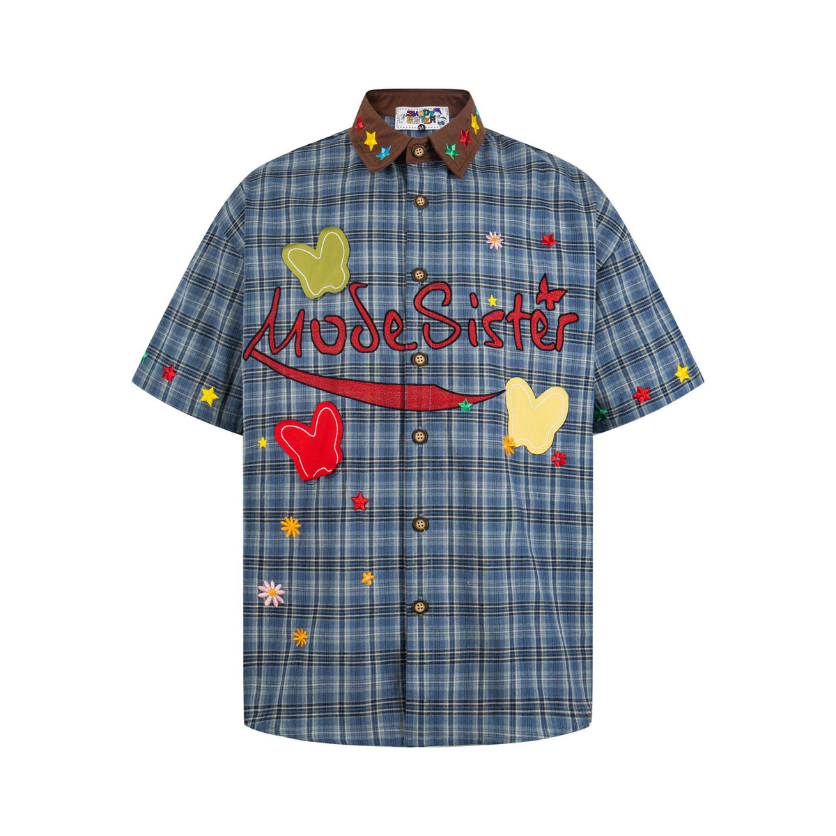 Letter butterfly embroidered short-sleeve shirt by eprolo, blue plaid with colorful patches and Miss Sister script