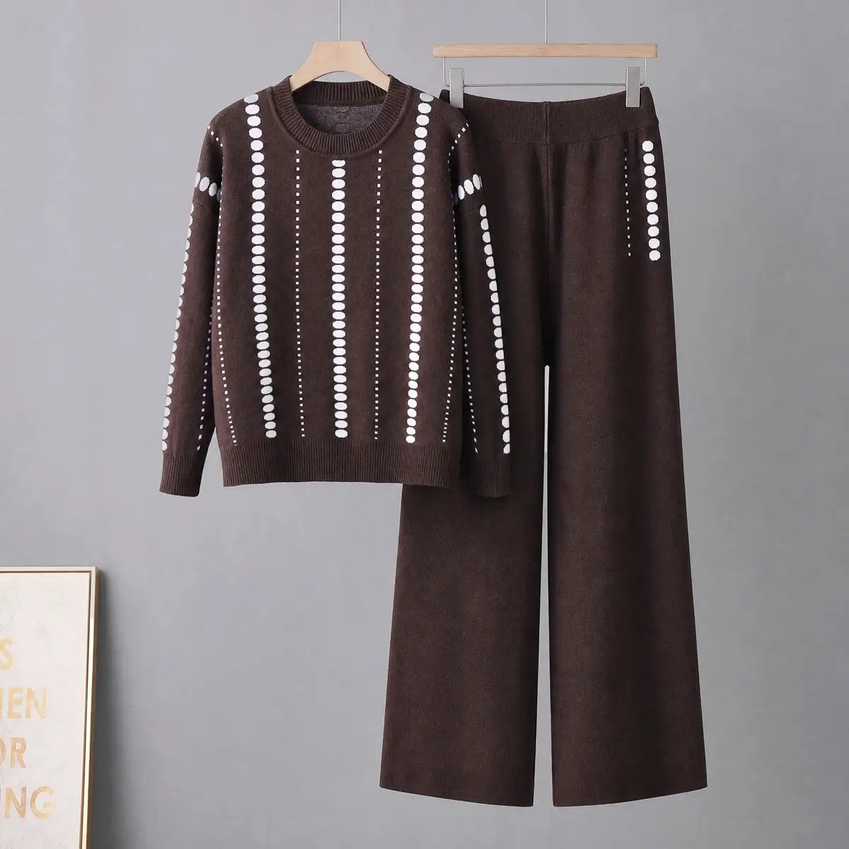 Womens two-piece brown knit sweater and wide-leg pants set by eprolo, relaxed fit