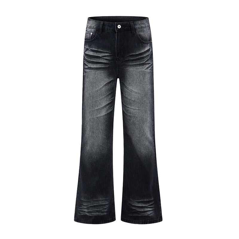 Style Wrinkle Catwhisker Flared Jeans for Men in dark-wash denim with wrinkle detailing