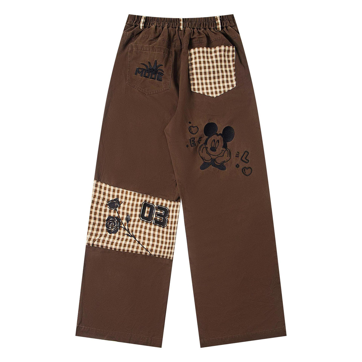 Cartoon embroidered patchwork jeans in brown denim by eprolo, with plaid pockets and cuffs