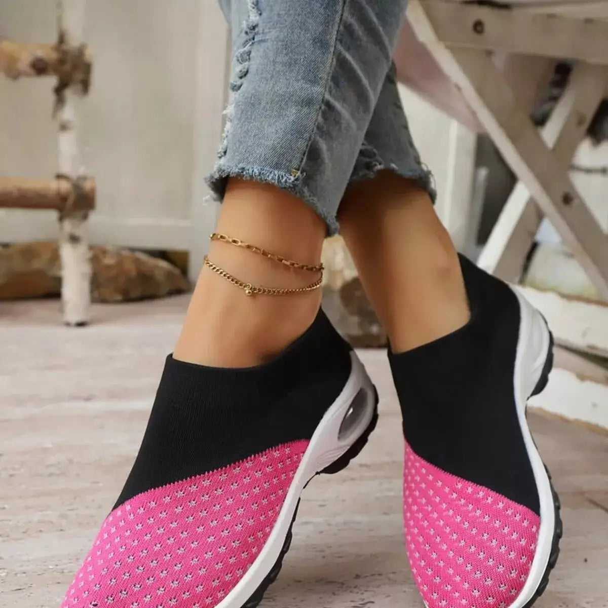 Color Block Mesh Athletic Shoes with pink mesh upper, black sock-like collar, and white sole.