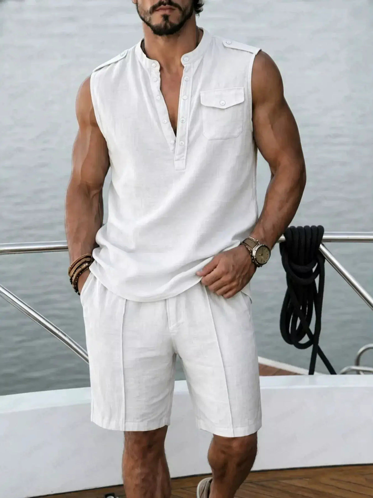 Plus size men's sleeveless white top and shorts two-piece set with chest pocket and front button placket