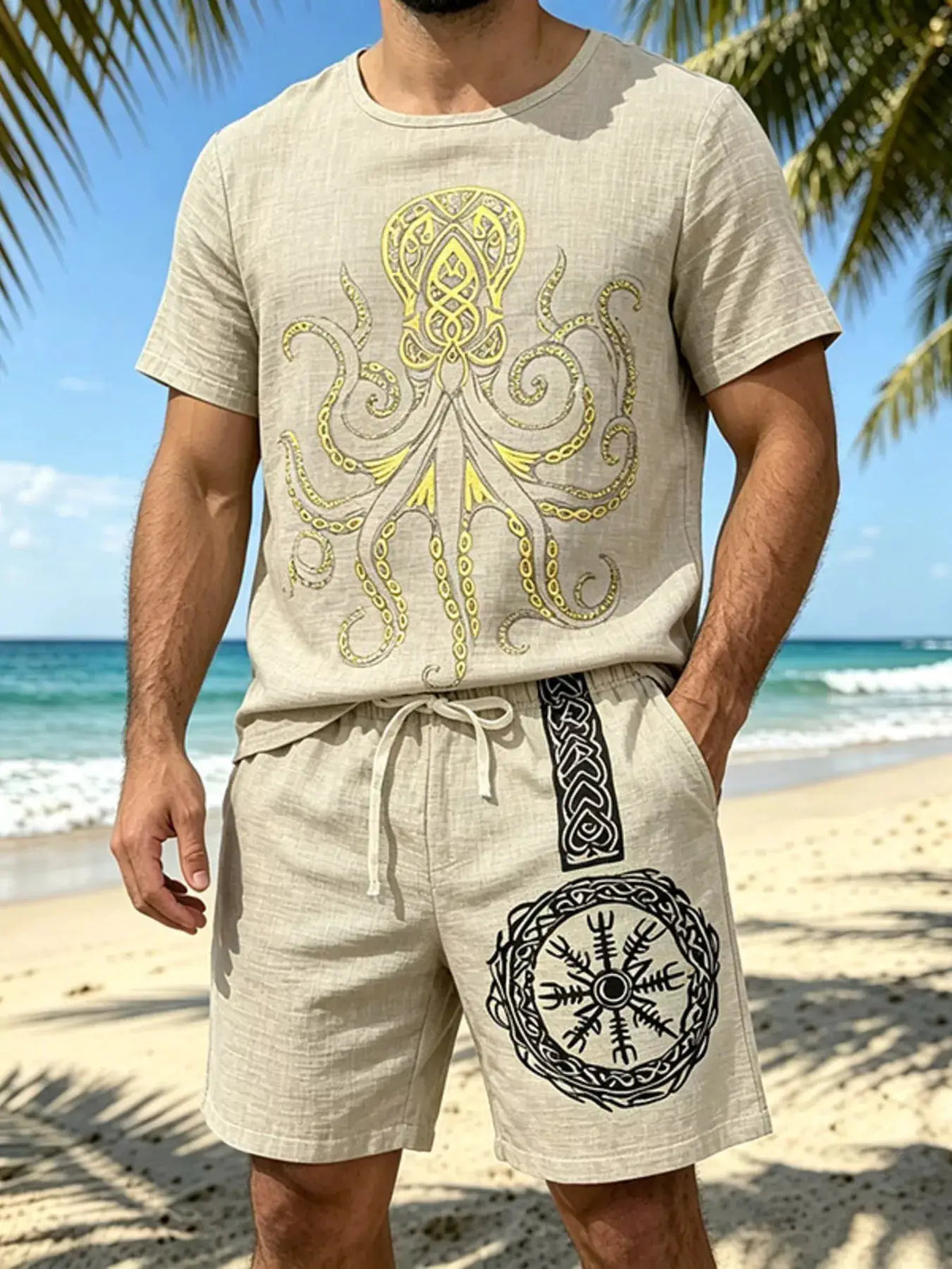 Trendsi mens two-piece plus-size loungewear set; beige tee with yellow octopus design and matching drawstring shorts.