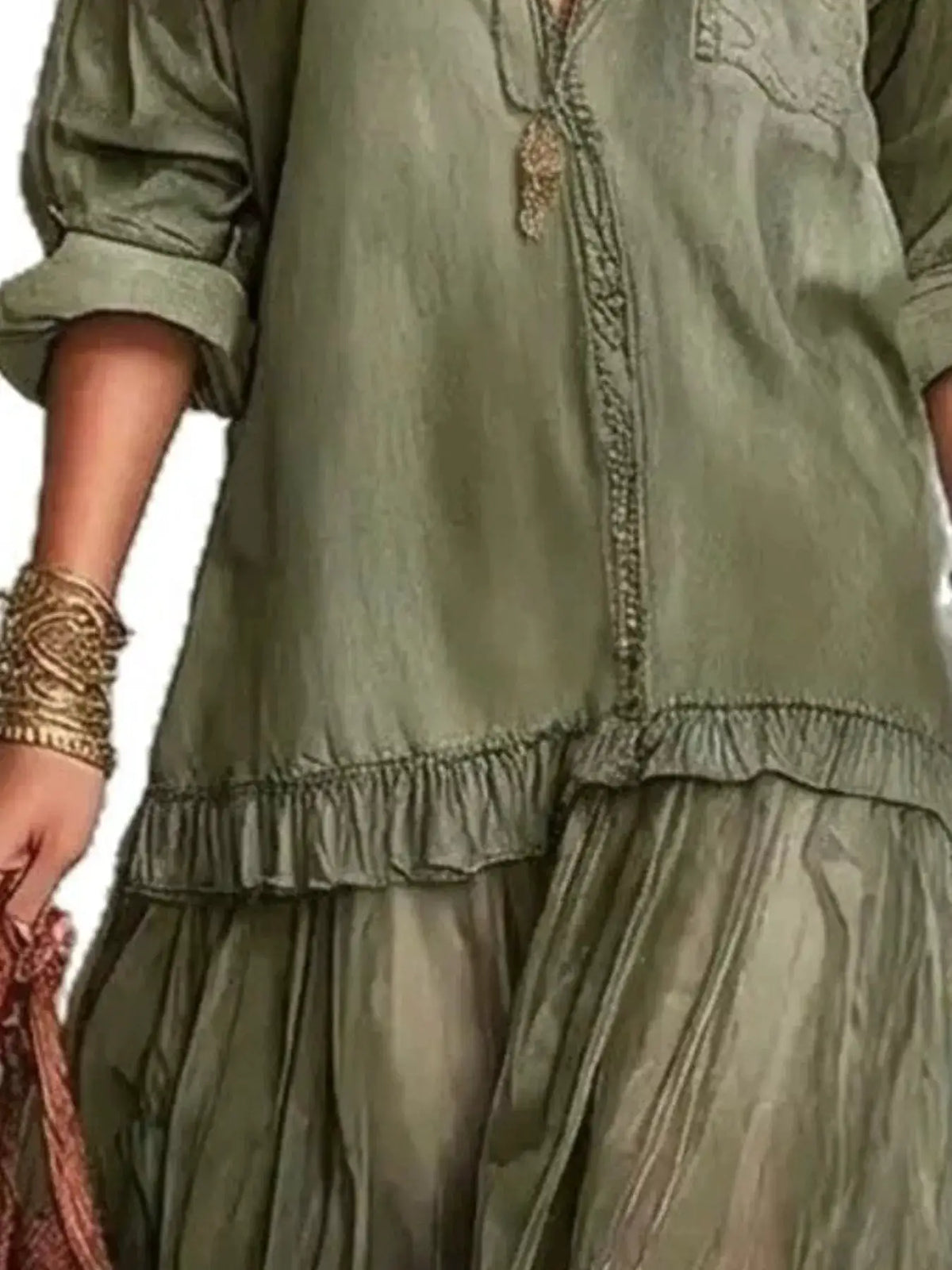 Trendsi olive denim shirt maxi dress, plus size, with tiered ruffle hem and long sleeves