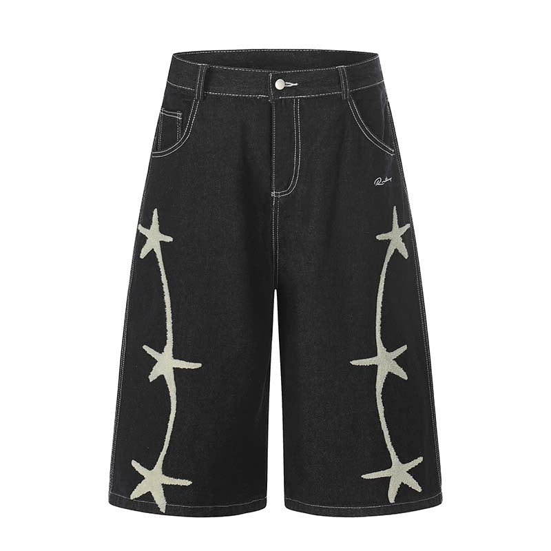 Shorts with star plush embroidery on black washed denim by eprolo, side star patterns