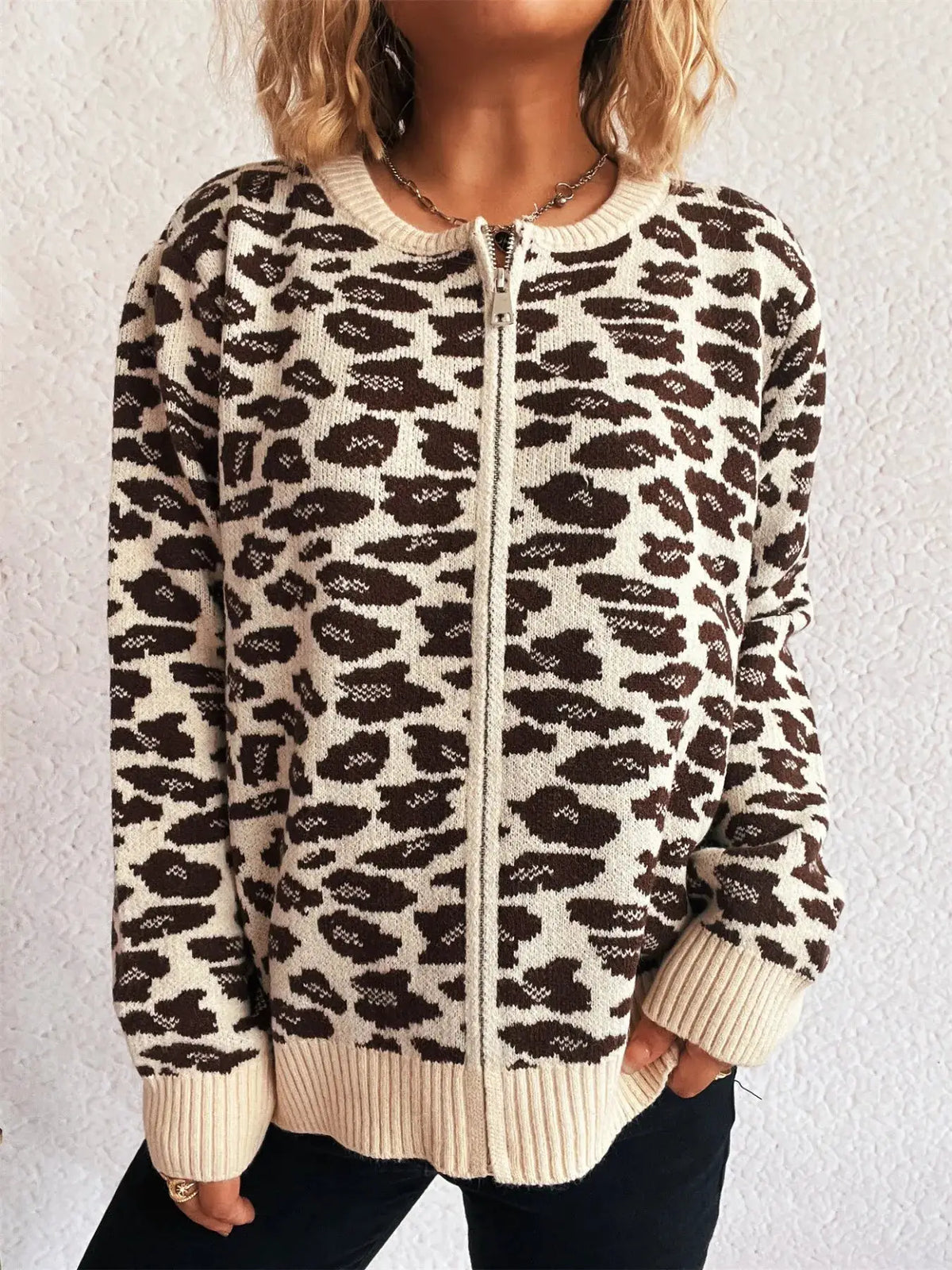 Zip Up Leopard Print Cardigan, beige and brown, long sleeves, ribbed cuffs and hem.