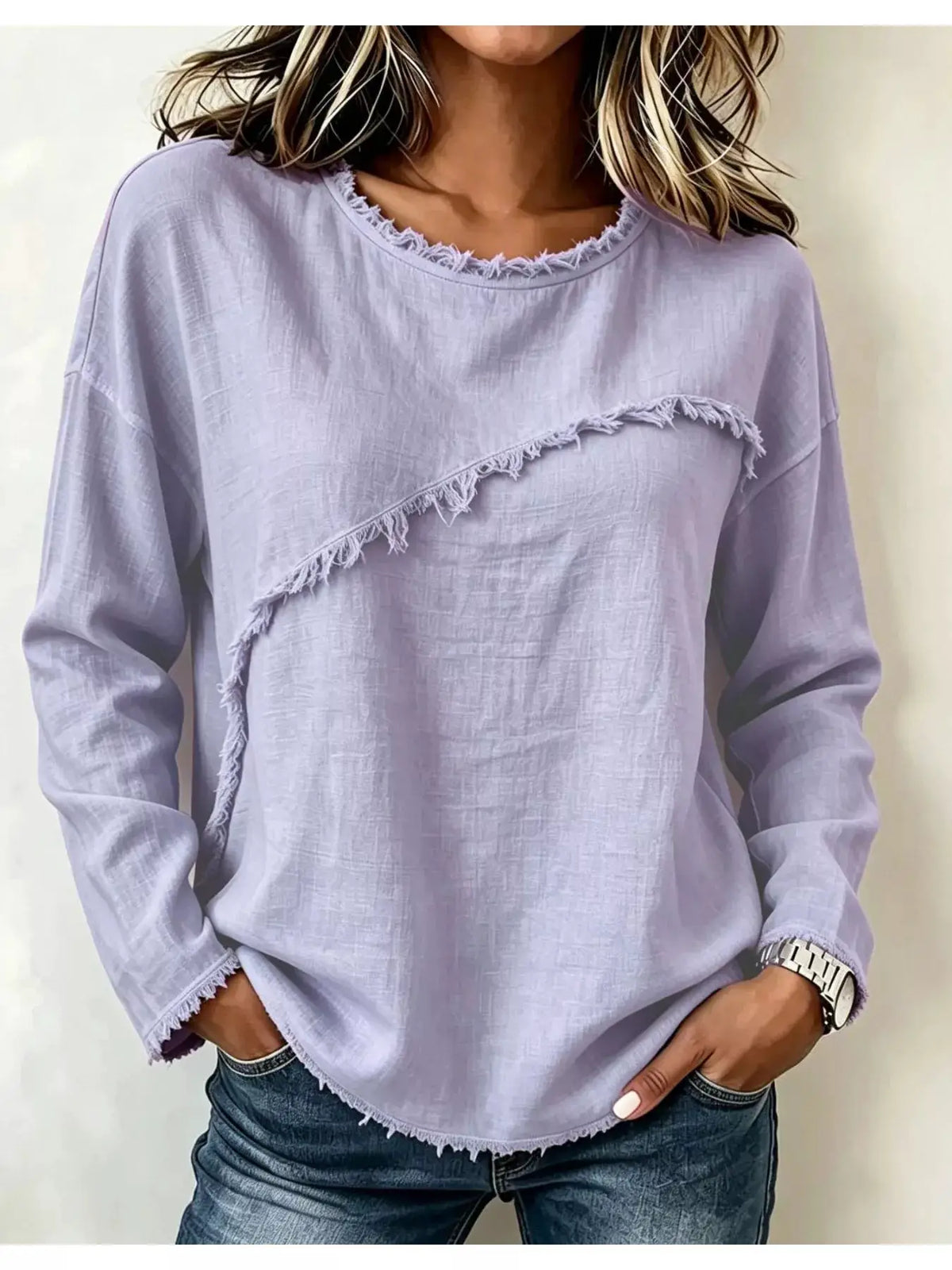 Frayed Hem Dropped Shoulder Blouse in lavender; lightweight, relaxed-fit with diagonal fringe detail.
