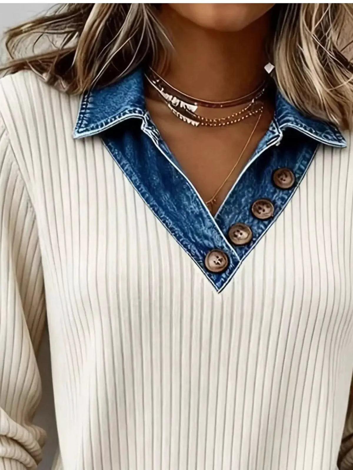 Denim Collar Ribbed Knit Top by Trendsi; cream ribbed knit with blue denim collar and brown button placket.