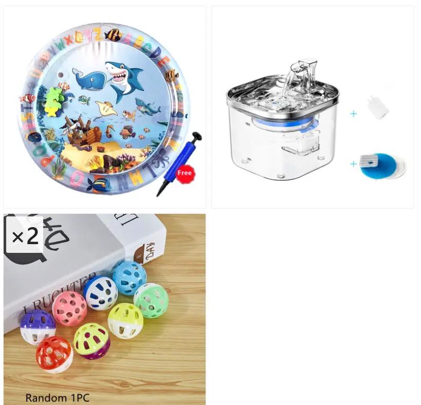 AdTec 3-piece pet fountain and toy set: stainless steel automatic water dispenser with filter, ring, and colorful balls.