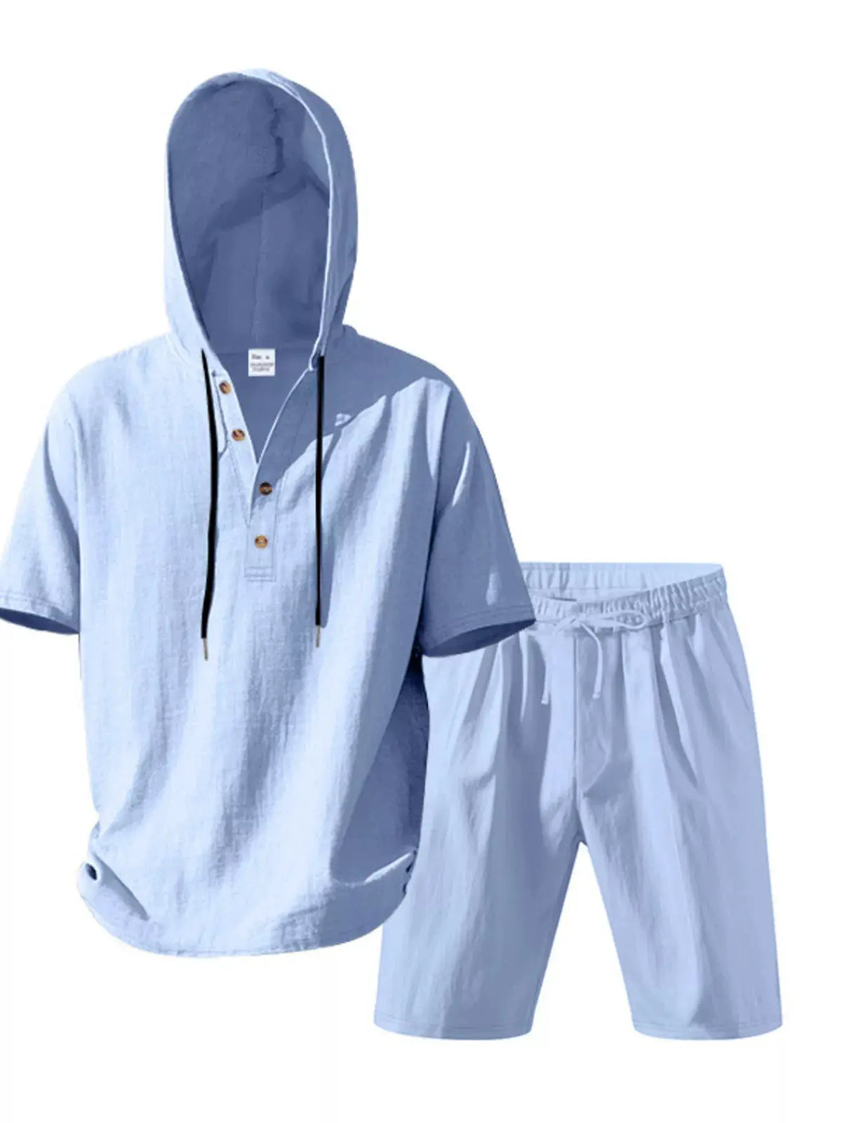 Men's linen-blend hooded top and shorts set in light blue, casual two-piece outfit