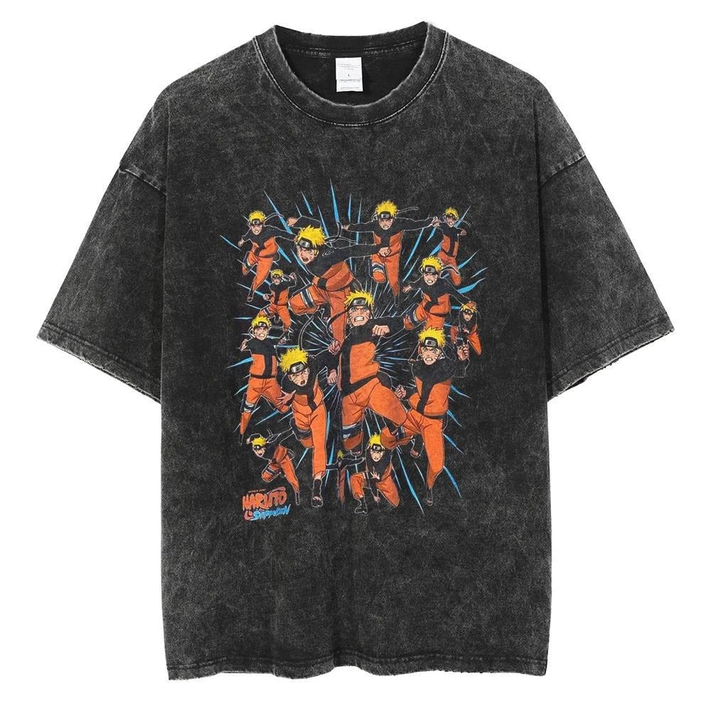 T-shirt motif anime Naruto Harajuku délavé