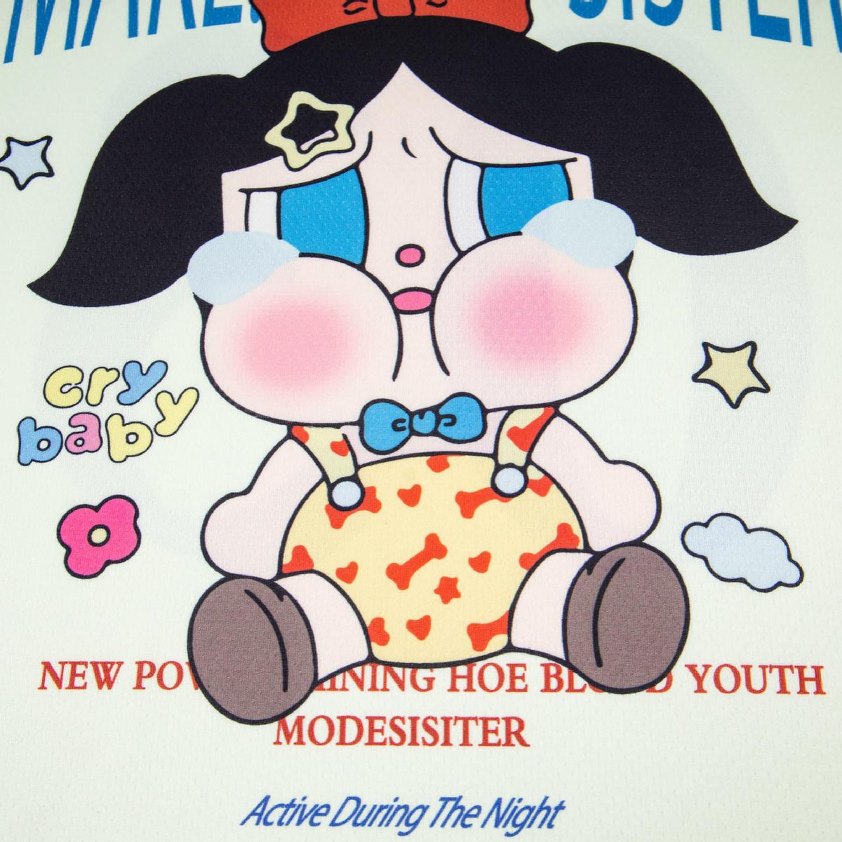 V-neck cartoon printed short sleeve shirt featuring a crying kawaii character in yellow bone-pattern overalls with a blue bow tie
