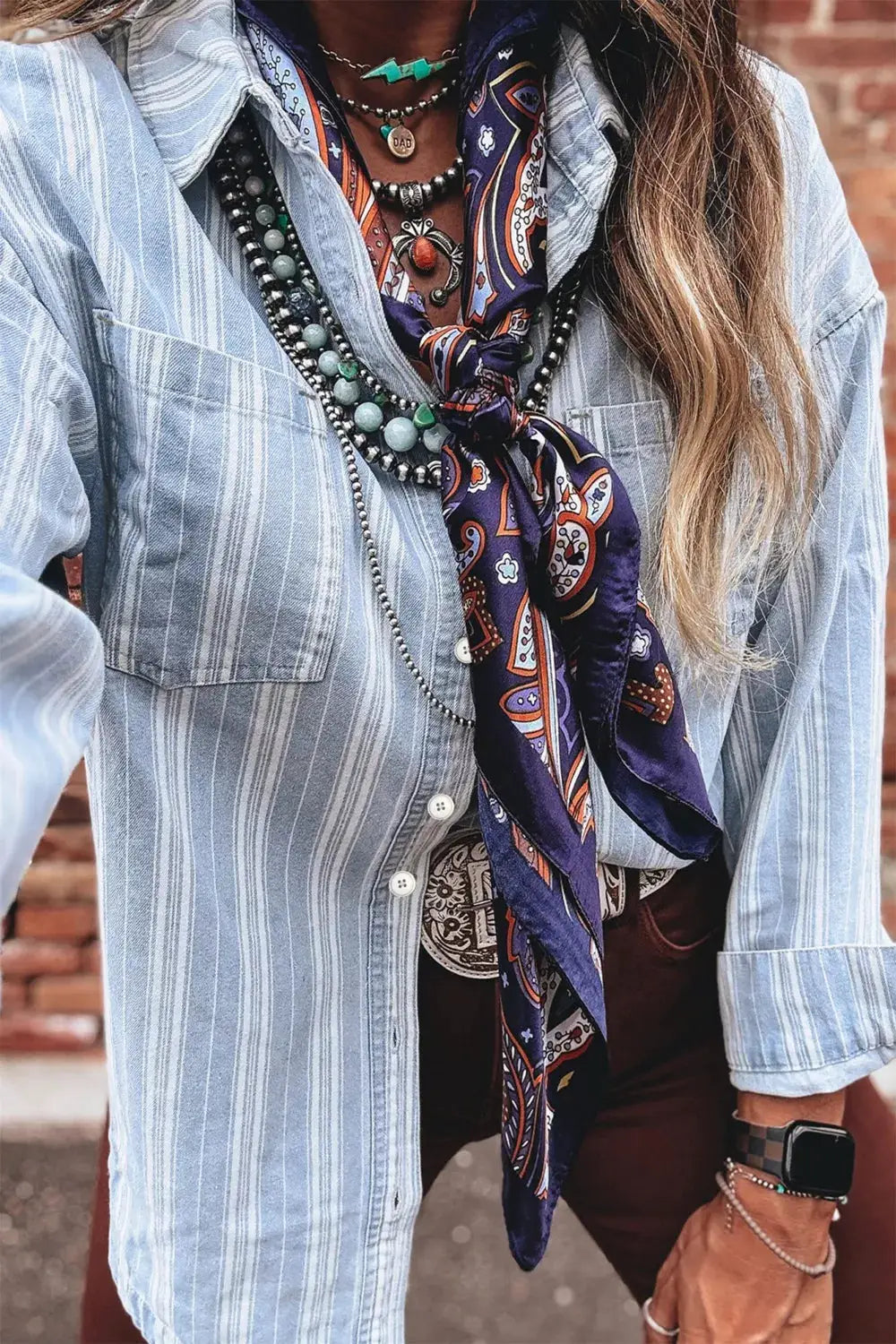Striped boyfriend denim shacket by Trendsi with chest pocket, light blue, button-front, versatile layering piece.