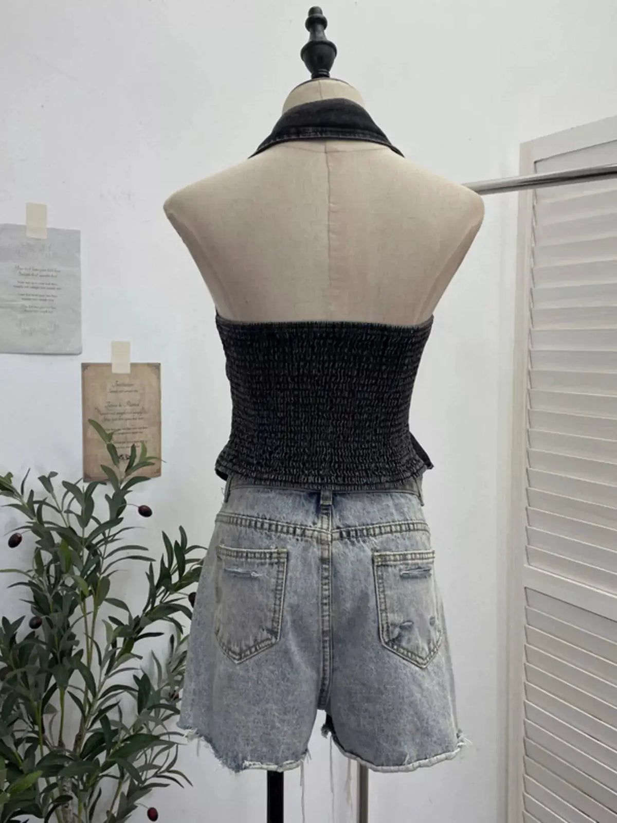 Premium Textured Smocked Denim Halter Top in black with light-wash denim shorts (2-piece set)