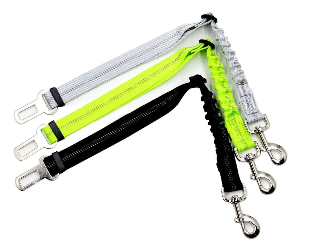 AdTec adjustable dog car seat belt set; elastic tethers in grey, neon yellow, green, and black with metal clips, 4-pack