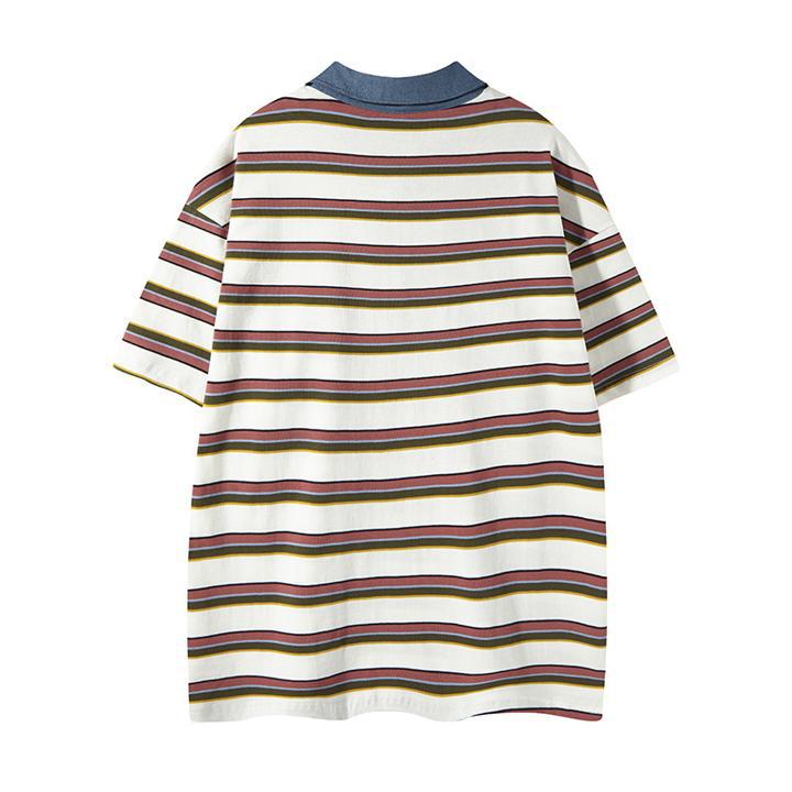 eprolo Cowboy patchwork polo shirt with blue collar and multicolor horizontal stripes, short sleeves