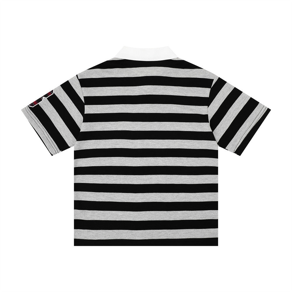Polo shirt by eprolo with black and gray horizontal stripes, short sleeves, white collar.