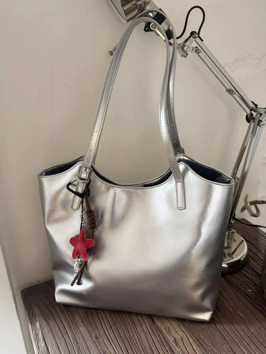 PU Leather Shoulder Bag by Trendsi in metallic silver with pink star charm