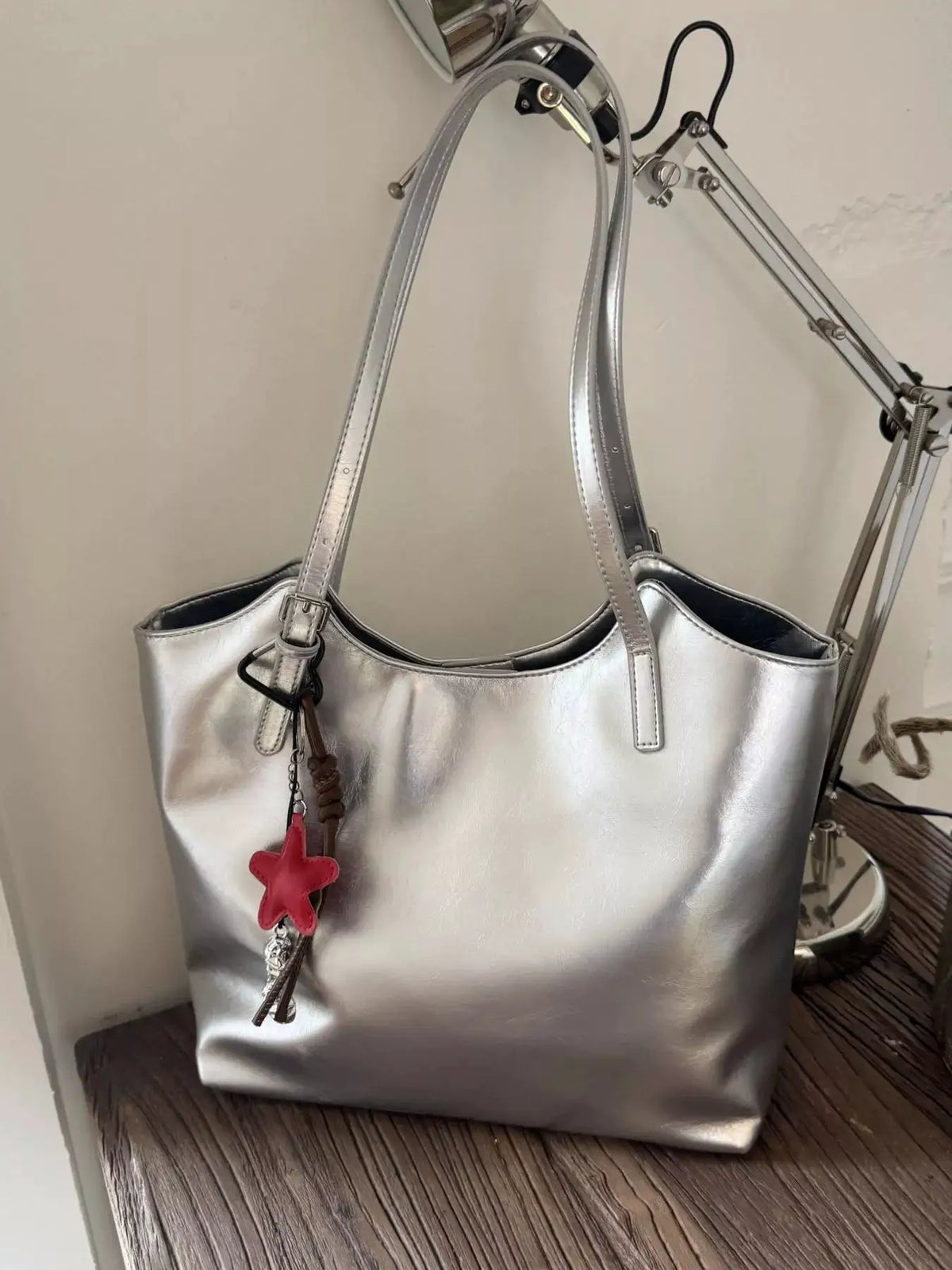 PU Leather Shoulder Bag by Trendsi in metallic silver with pink star charm