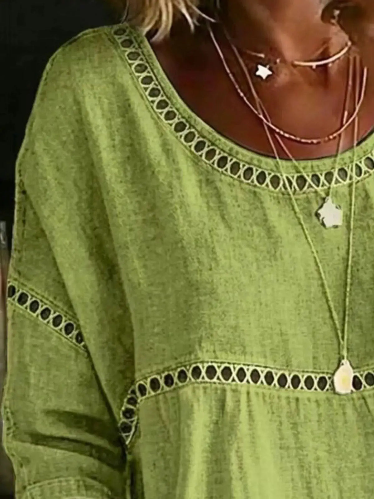 Full Size Hollow Out Round Neck Top Plus Size in lime green with eyelet trim by Trendsi.