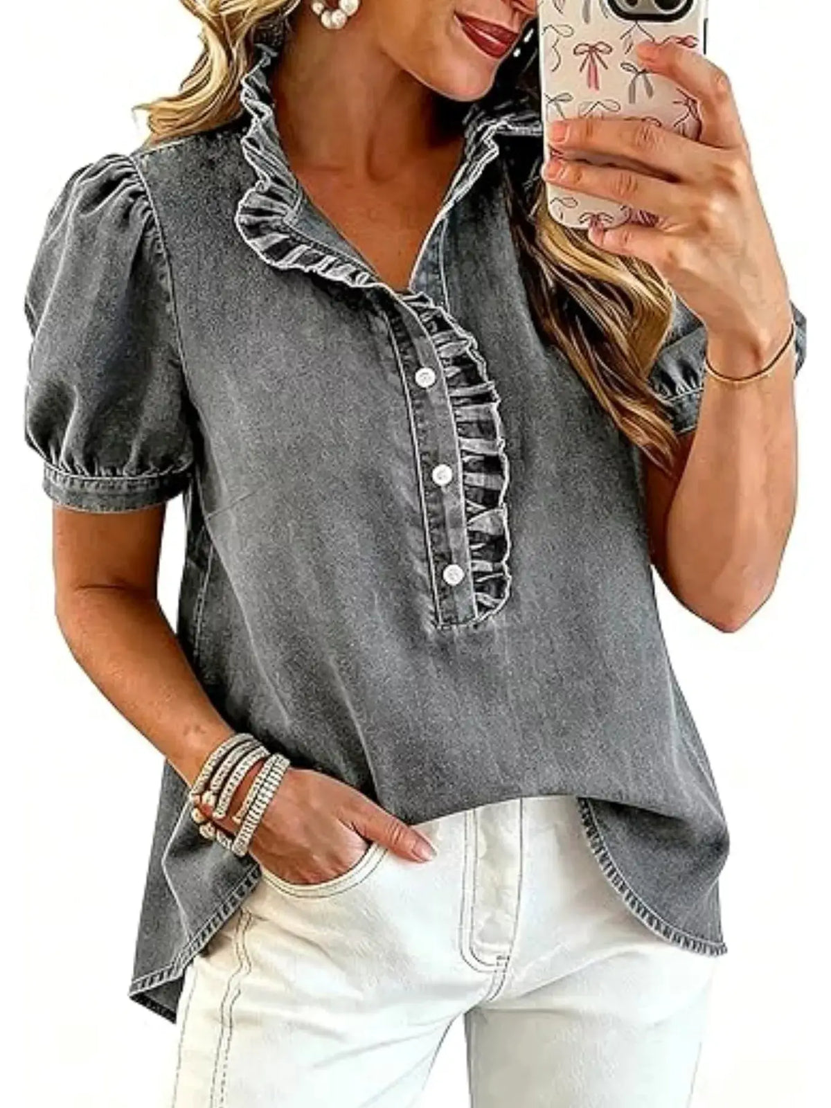 Frill Puff Sleeve Denim Top with Front Button Closure in gray denim