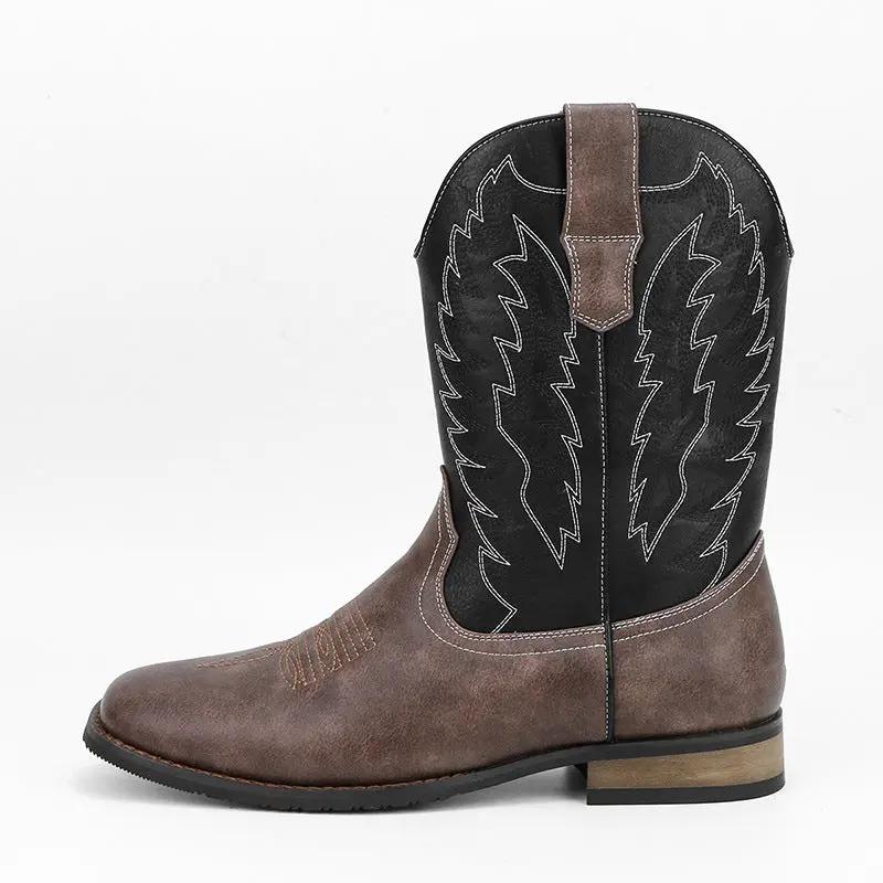 Maverick Men’s Mid Calf Western Boots with Wedge Heel; brown leather foot, black shaft with white zigzag stitching