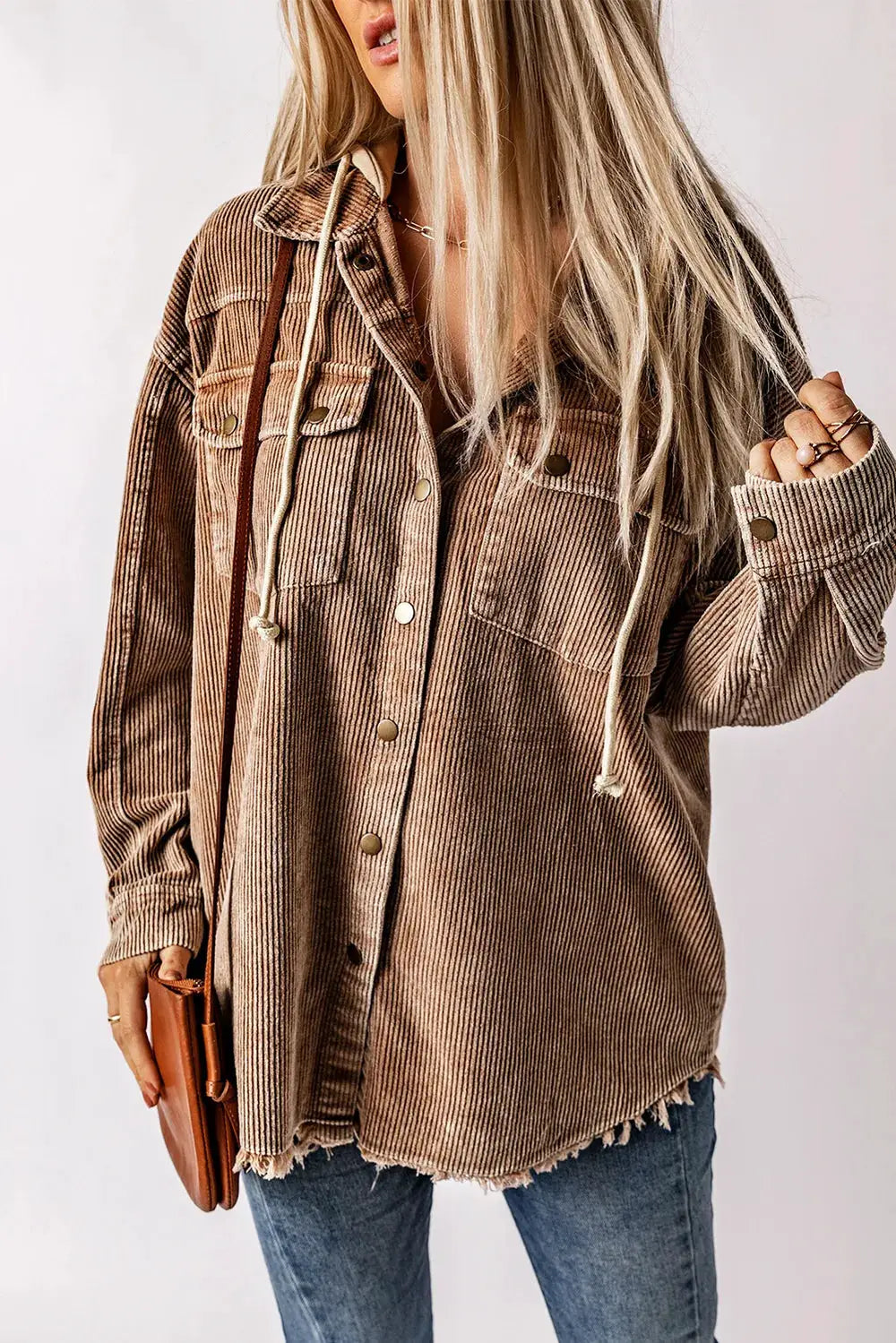Snap Front Hooded Corduroy Shacket in brown with chest pockets and frayed hem