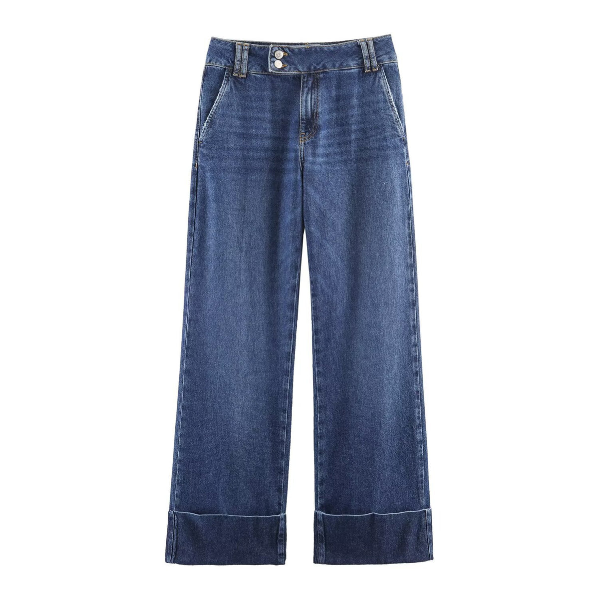 Blue denim straight-leg jeans with a loose fit, low waist and rolled hems