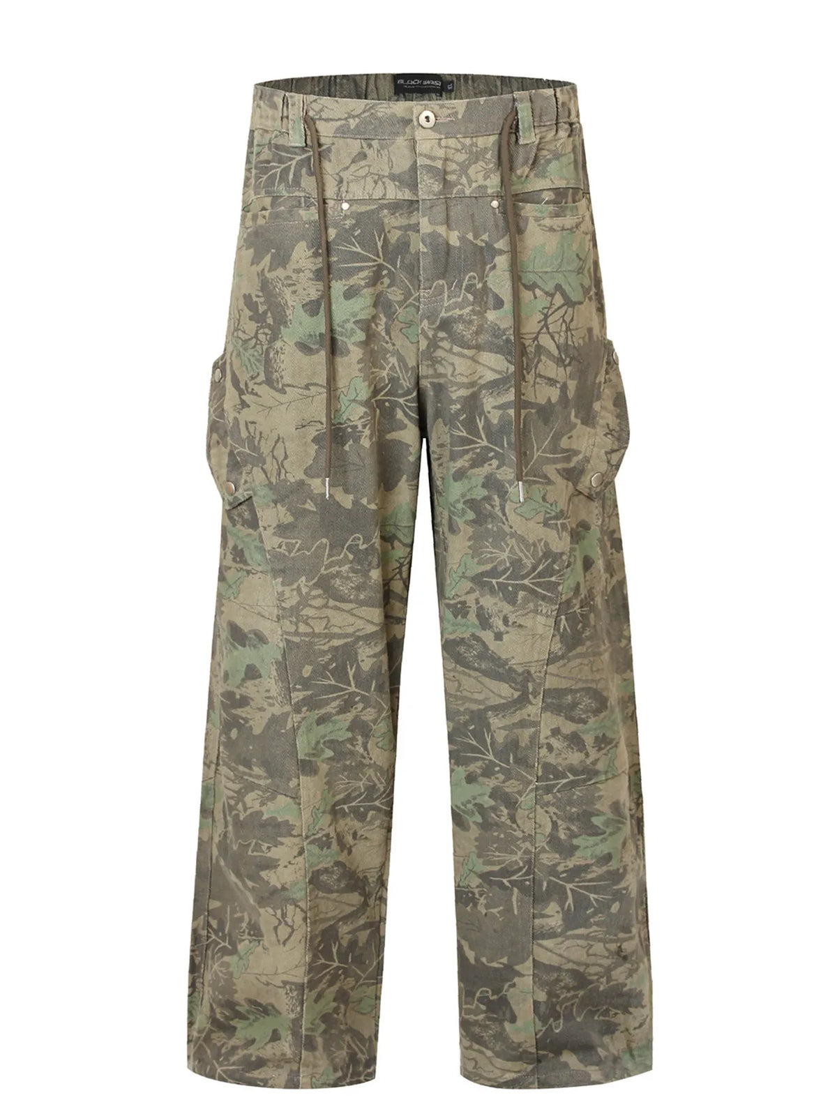 Men's camo print cargo pants with drawstring waist and pocketed design.