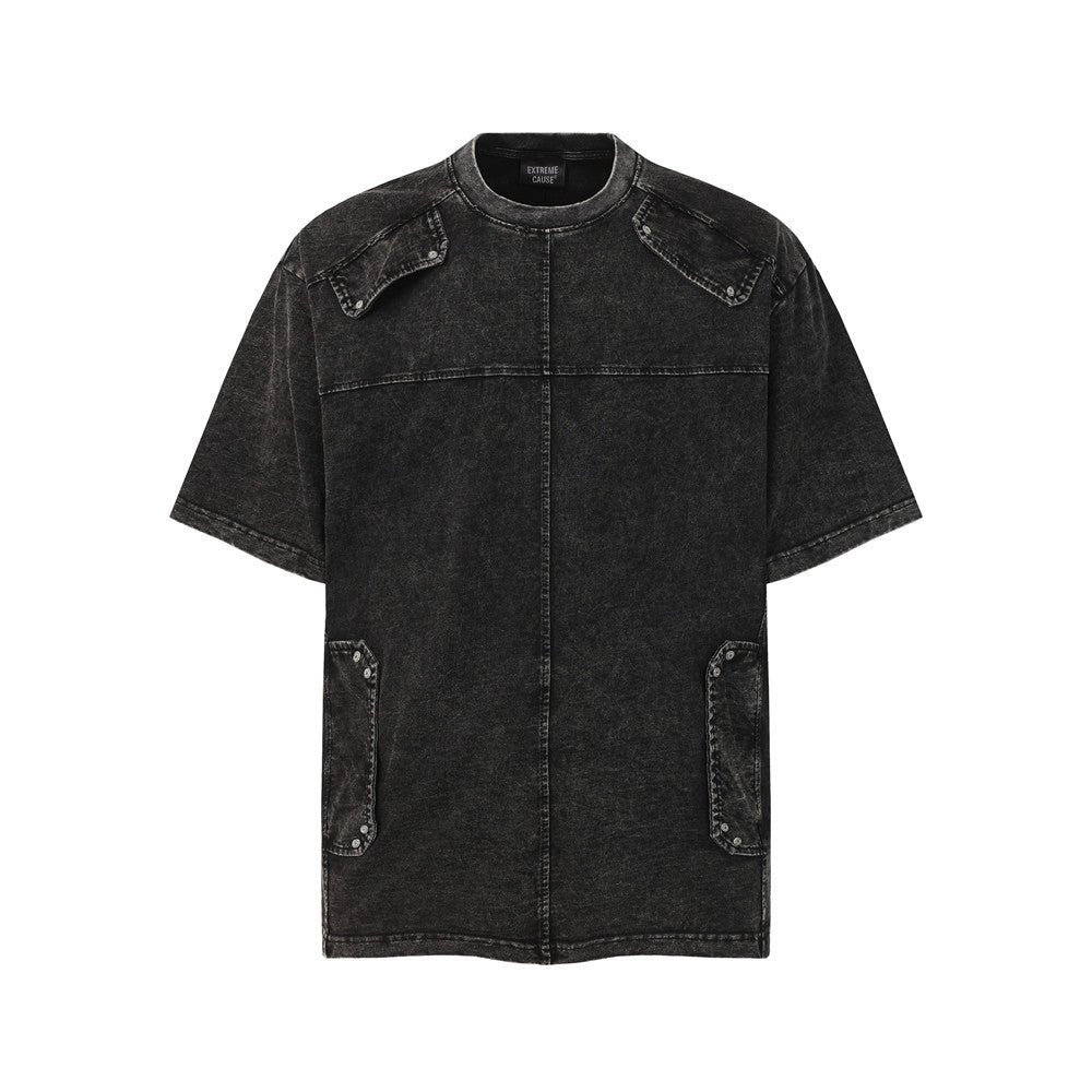 T-shirt, black washed short-sleeve with denim patch details and pockets by eprolo