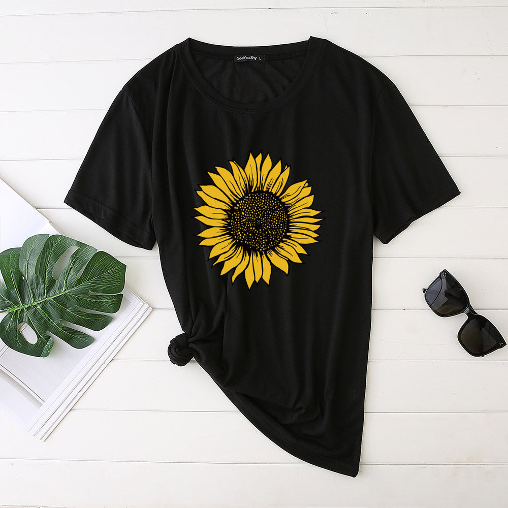 T-shirt Tournesol Femme Manches Courtes Col Rond Nouveau