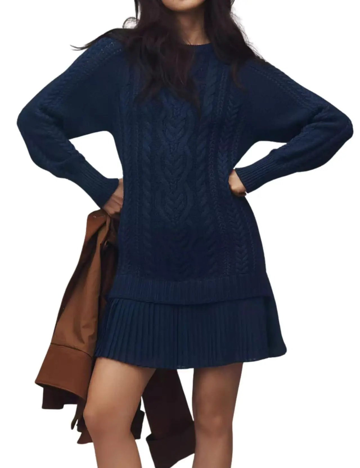 Women's navy cable-knit sweater by eprolo, relaxed-fit soft daily pullover.