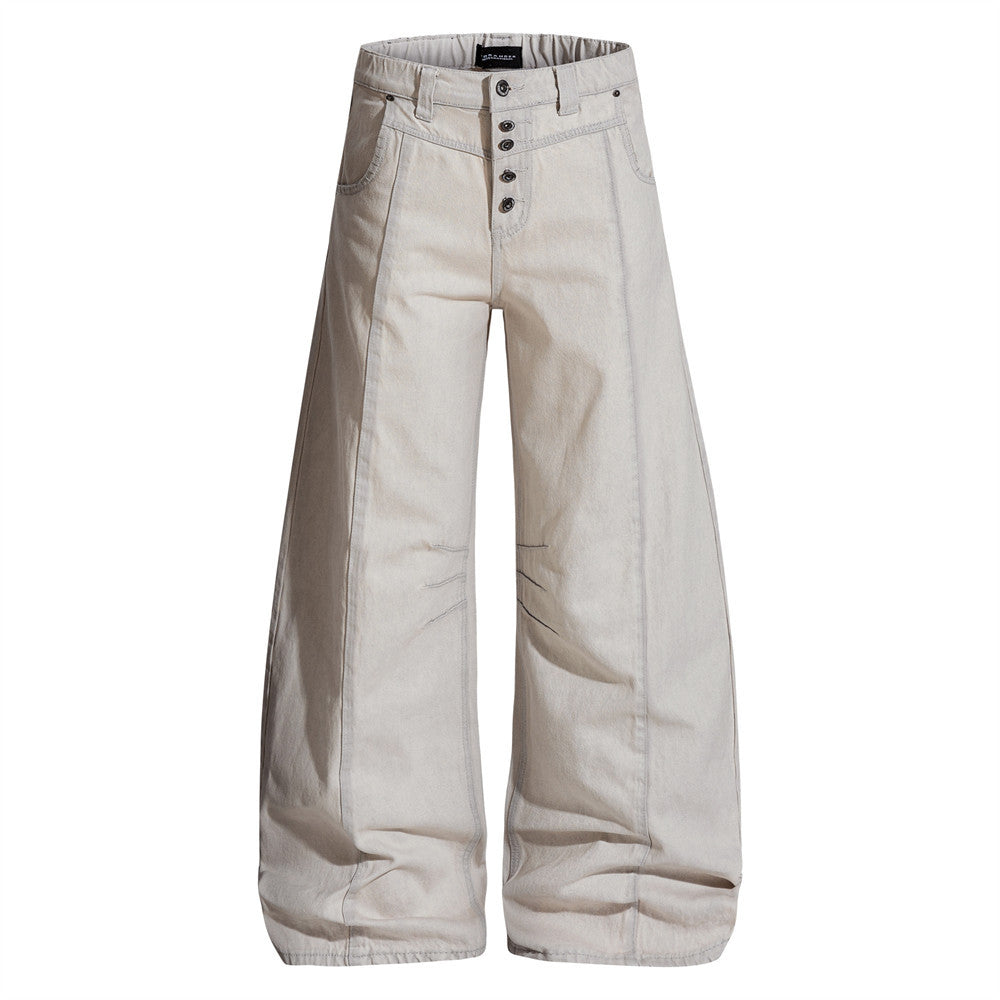 Straight Cut Denim Floor Pants by eprolo, beige wide-leg denim with elongating drape.