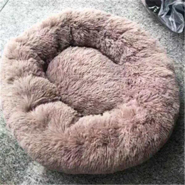 AdTec round plush cat nest bed, brown long-haired faux fur.