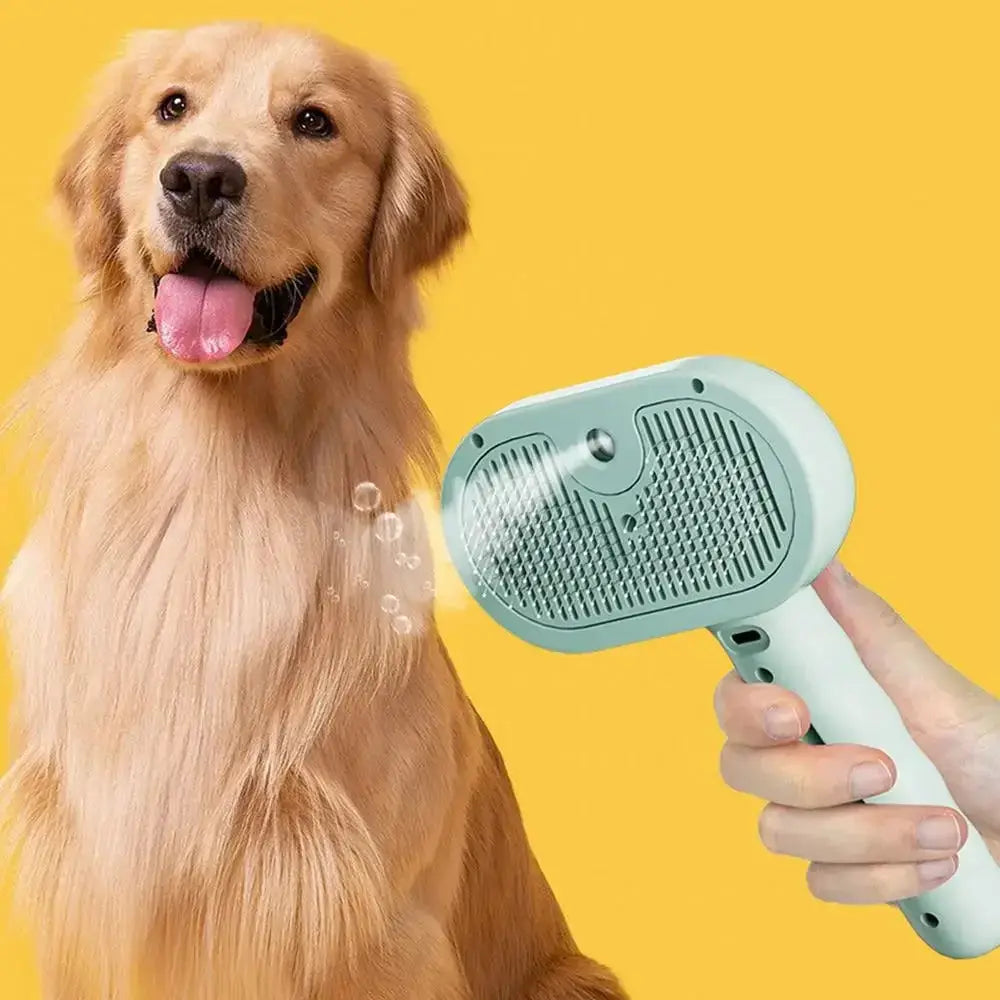 Mint green handheld pet grooming brush used on golden retriever