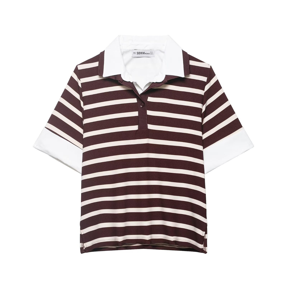 Maroon and beige striped patchwork polo shirt with white collar and cuffs, short sleeves.
