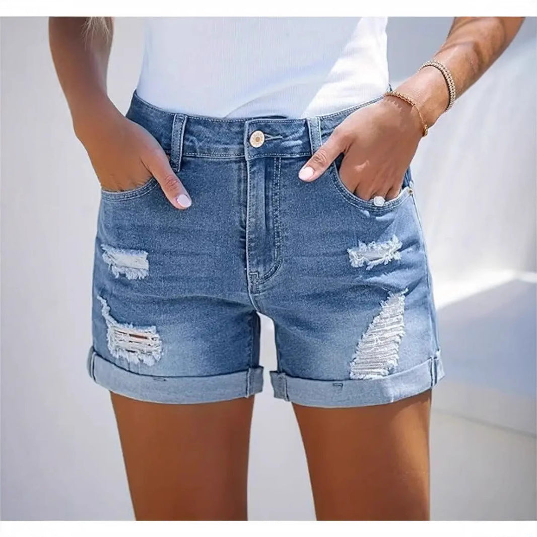 Women's High-Waist Comfortable Slimming Fashion Straight-Leg Casual Denim Shorts